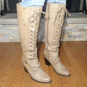 Dirty Laundry Beige Shimmer Lace Up Boots Size 8.5 Zipper medium heel